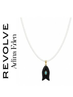 Revolve x Adina Eden Black Onyx Fish Pendant with White Quartz Beaded Necklace